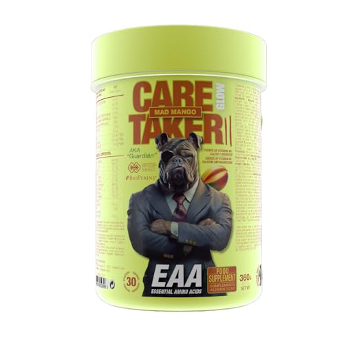 Zoomad Labs CARETAKER® II EAA GLOW – Aminoácidos Esenciales EAA + Glutamina con BioPerine® | Recuperación Muscular, Intra Entreno| Aminoácidos en Polvo | 30 Servicios | Bote 3D - Sabor Mad Mango