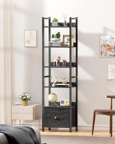 Image of Furologee 6 Tier Bookshelf, Tall Shelf with Drawer, Wood and Metal Bookshelves Storage Organizer, Industrial Display Shelving Unit for Bedroom, Living Room, Home Office, Black Oak