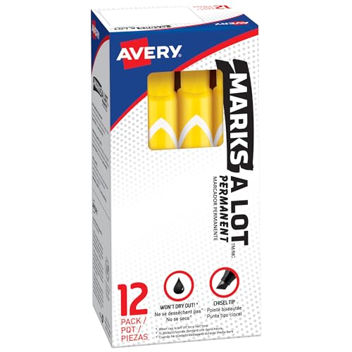 AVERY Marks A Lot Permanent Markers, Chisel Tip, Large Desk-Style Size, 12 Yellow Markers (08882)