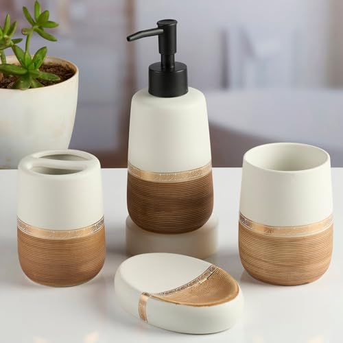 Image of SaSaSa Ceramic Bathroom Accessories Set of 4 - Stylish Bath Set with Liquid Soap Dispenser, Toothbrush Holder, Tumbler and Soap Dish for Modern Bathroom Decor, White /Brown (11988)