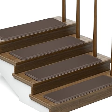 PURE ERA Stair Treads Non Slip Indoor 8" x 30" Staircase Step Treads Foam Stair Pads Cushioned Stair Mat Anti Fatigue Peel and Stick Stair Treads Tape Free Stair Mats Washable (12Pieces, Brown) Cover