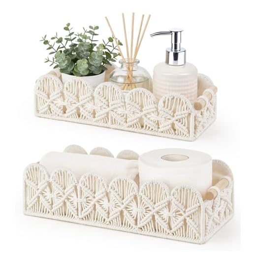 Mkono Macrame Storage Basket, Scalloped Edge Toilet Paper Basket Boho Woven Decor, Small Countertop Organizer with Handles for Shelf, Living Room, Bedroom, Home,Office, Set of 2, Ivory