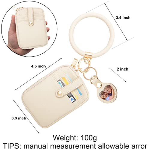 Snugstar Round Bangle Keychain Id Card Holder Card Pocket Wristlet Keychain Bangle Key Ring For Women Girls (Id Card & Airtags Holder Purse Litchi Pattern01 Creamy Grey) #TOP1