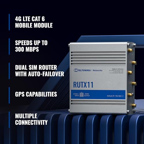 Image of Teltonika RUTX11 Industrial Cellular WiFi Router Dual SIM Card Slot - 4G LTE CAT 6, Speeds Up to 300 Mbps - LAN, WiFi, & Bluetooth LE Connectivity - RMS Compatible, Auto Failover (TELRUTX11100400)