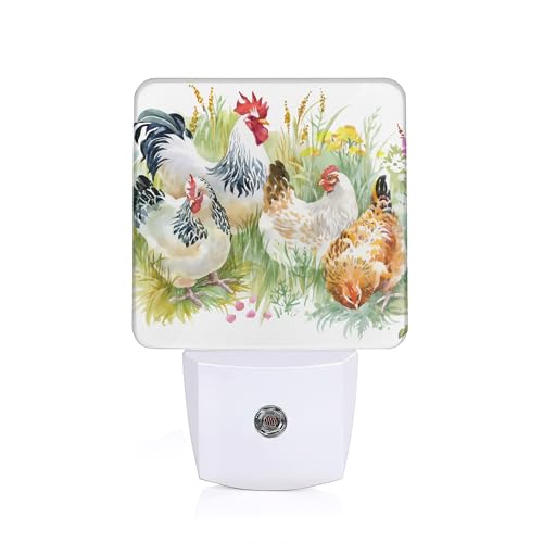 YASHILAIYA Chicken Rooster Farm Night Light,Flower Night Lights Plug into Wall LED Dusk to Dawn Light Sensors Indoor Home Decor NightLights for Bedroom Bathroom Stairs Kitchen Hallway for Girls Women