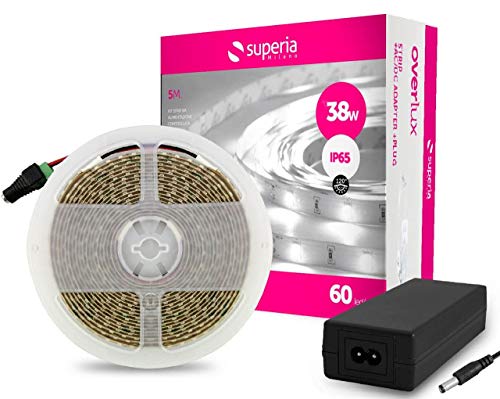 Superia Kit Ruban LED 5 m et bloc d'alimentation, SMD2835 24 V/38 W flexible, IP65 pour pièces humides, couleur lumière naturelle, haute luminosité de 300 diodes LED 60 LED/M, KACSTR40NS, 1 pièce Cover