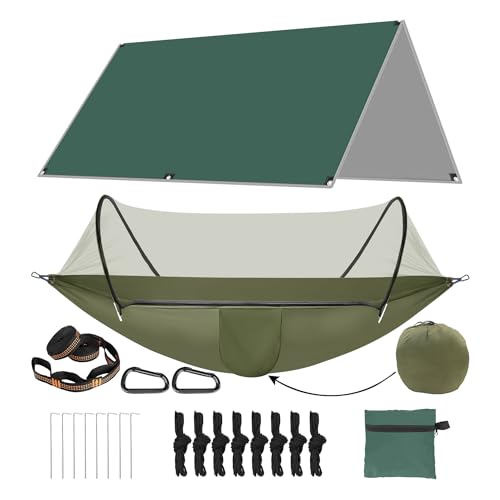 Hamaca de camping con mosquitera y lona, correa de árbol resistente, portátil, ligera, doble paracaídas, tienda de campaña, impermeable, juego de lluvia para camping, mochilero, senderismo, viajes,