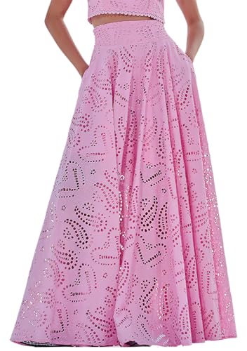 ebossy Women's Hollow Out Floral Pleated Skirts Back Elastic High Waist Swing A Line Eyelets Maxi Long Skirt