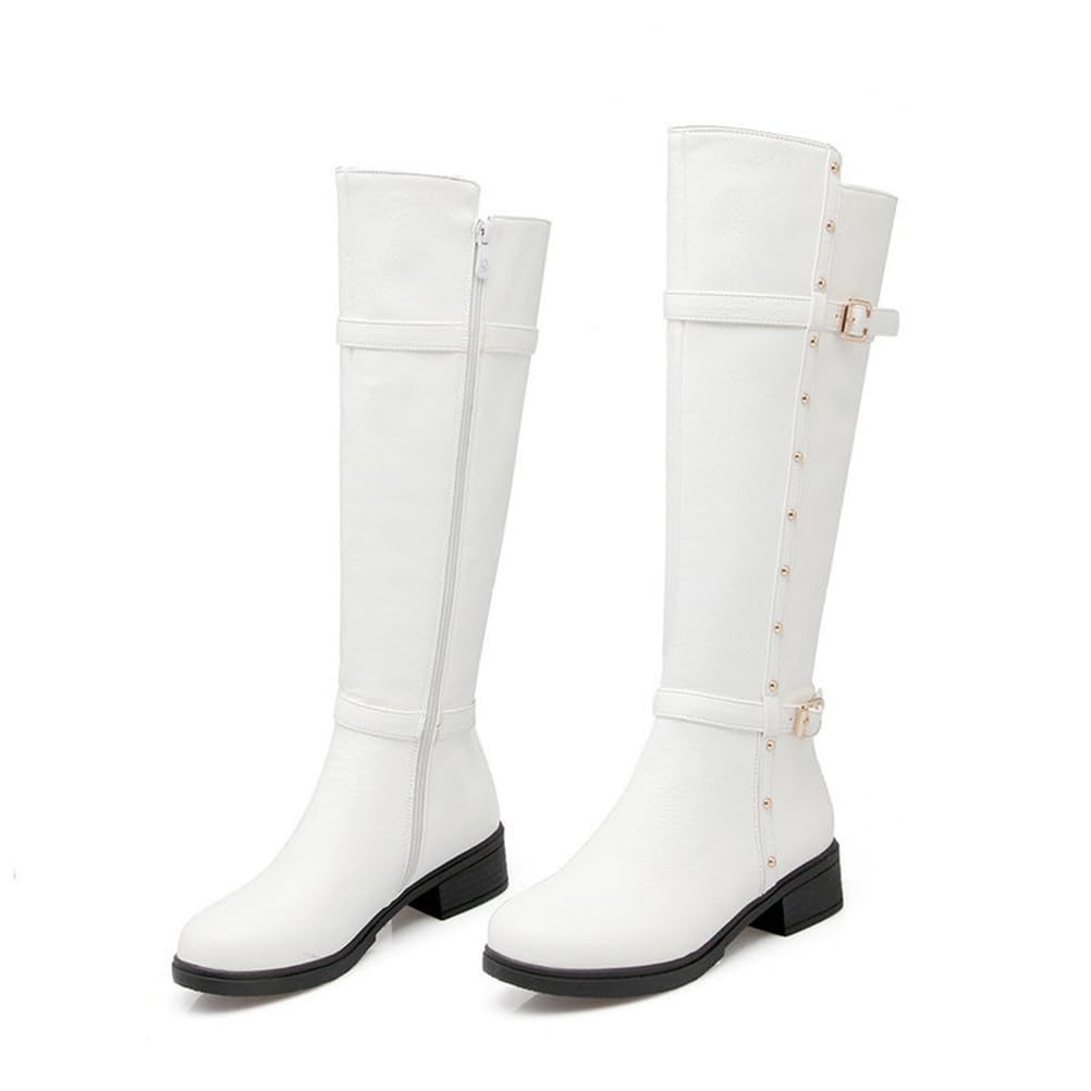 Womens Knee High Boots Wide Calf Flat Low Heel Side Zipper Faux Leather Fashion Winter Riding Boot
