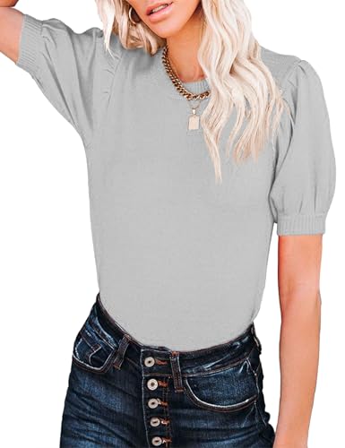 Image of Womens Puff Short Sleeve Sweater Tops Crewneck Basic Knit Pullover Lightweight Casual Sweaters