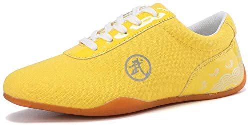 Tai Chi Shoes,Breathable Martial Arts Sneakers, Sport Boxing Kung Fu Lightweight Shoes Wu Logo Oxford Sole for Adults and Children,Yellow-45