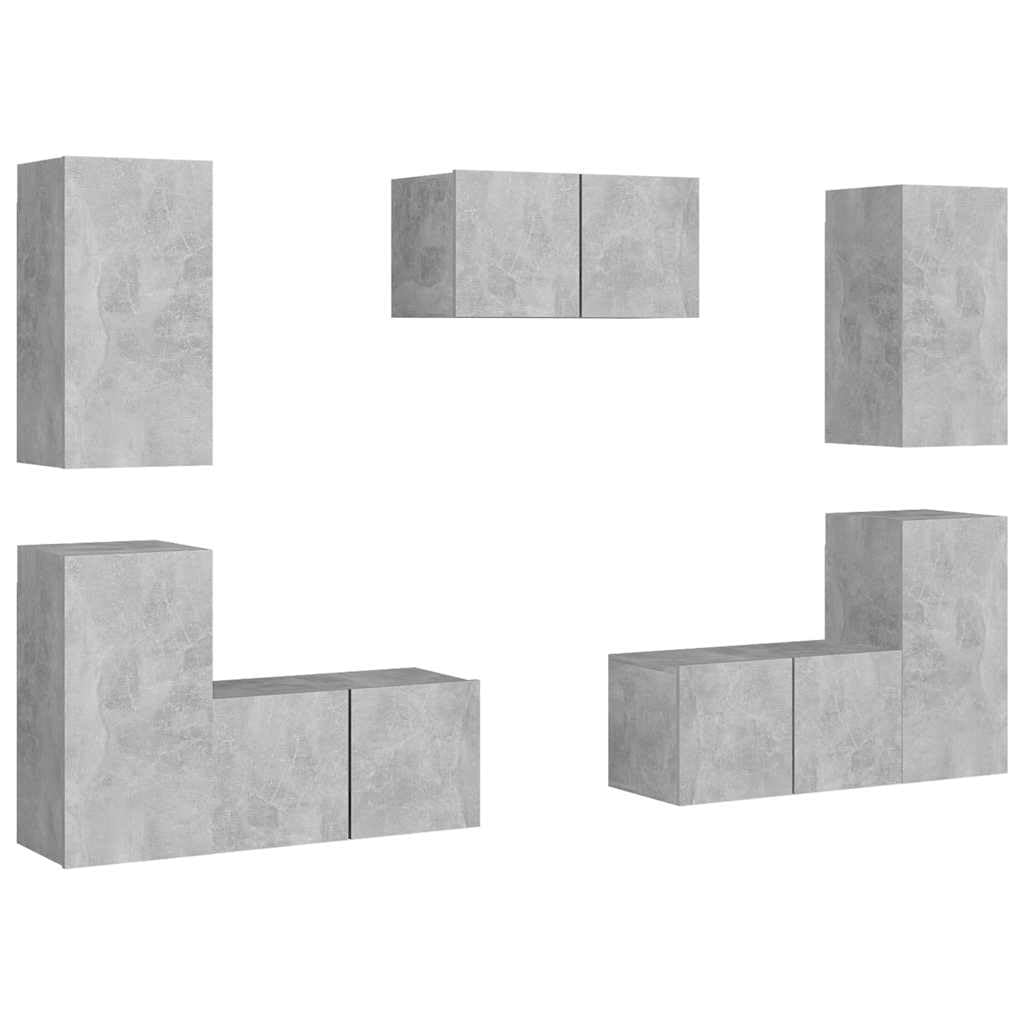 7-TLG. TV-Schrank-Set Betongrau, Holzwerkstoff, Hängend, Modernes Media-Center für Wohnzimmer, Schlafzimmer, Stauraum