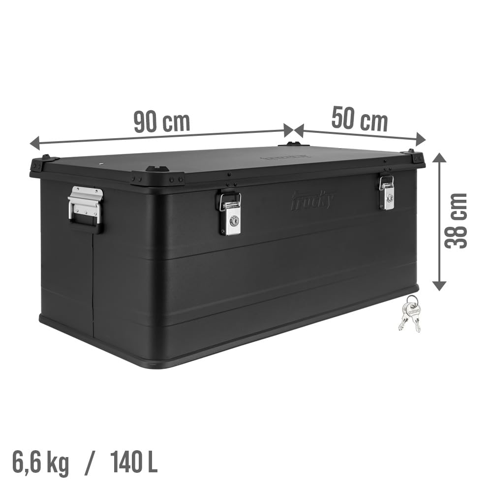 Trucky Aluminiowa skrzynka z pokrywką, czarna, aluminiowa skrzynka, 140 l, metalowe pudełko do przechowywania, zamykane