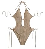 ZC8bdbd Women's One Piece Swimsuit V Neck Criss Cross Back Bathing Suit High Cut Adjustable Ties Ribbed Monokini Coffee