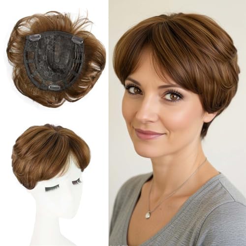 EREE HAIR 11 cm de pelo humano liso para mujeres con cabello fino, transpirable, 17 x 17 cm, encaje rosa, parte lateral, postizo corto con clip para uso diario 30/33