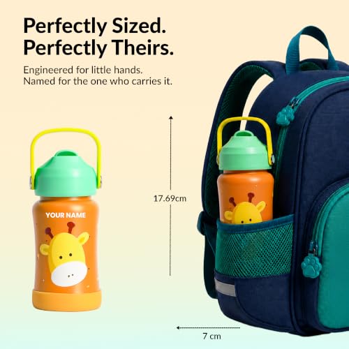 Image of Rabitat Steel Play Personalized Kids Stainless Steel Water Bottle 450ml | 2 Year Warranty | Leakproof Sipper, Soft Silicone Spout, Flip-Lock Cap & Handle, BPA-Free 18 /8 SS, Anti-Skid Base, Little Boss