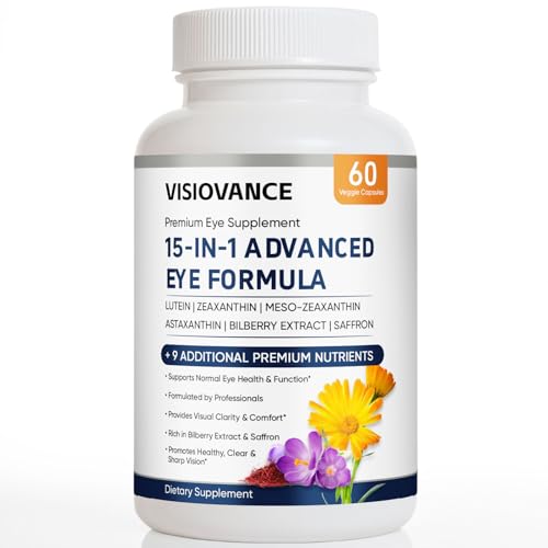 VisioVance 15 in 1 Advanced Eye Formula - Eye Vitamins Formula with All 3 Carotenoids Lutein & Zeaxanthin Bilberry Extract and Saffron 60 Count(1)