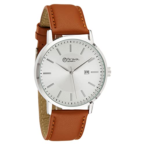 Miraval Moderne Design Herrenarmbanduhr mit Datumsanzeige 43 mm Breites Lederarmband 22 mm Quarzuhr Japanisches Quarzuhrwerk Großes Zifferblatt Herrenuhr Extra Dünn Cover