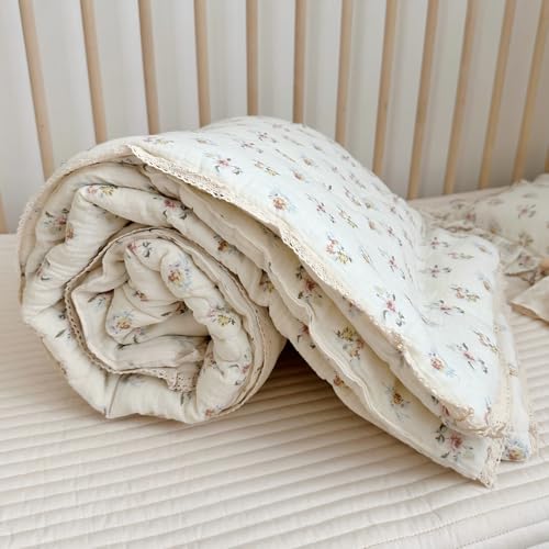 Image of BuLuTu Kids Blanket Cotton Toddler Quilt Muslin Blankets, Reversible Floral Baby Blanket for Girls Boys Crib Comforter Baby Quilt for Toddler Bed, Azalea Pattern, 60x78 Inches