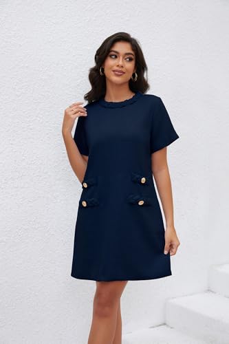 Ladyful Womens Tweed Jackie Dress Short Sleeve Elegant Crew Neck Business Party Vintage Button Bodycon Mini Jackie Dress2