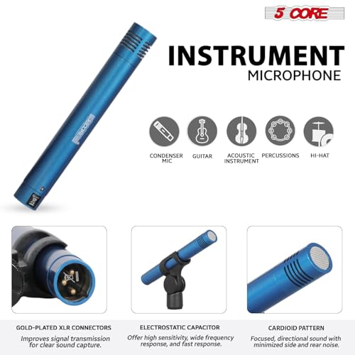 Image of 5 CORE 7 Piece Drum Microphone Set with 5 Dynamic Percussion Microphones Kick Bass, Tom /Snare and 2 Condenser Cymbals Metal Mics Complete with Thread Clip Mics Holder