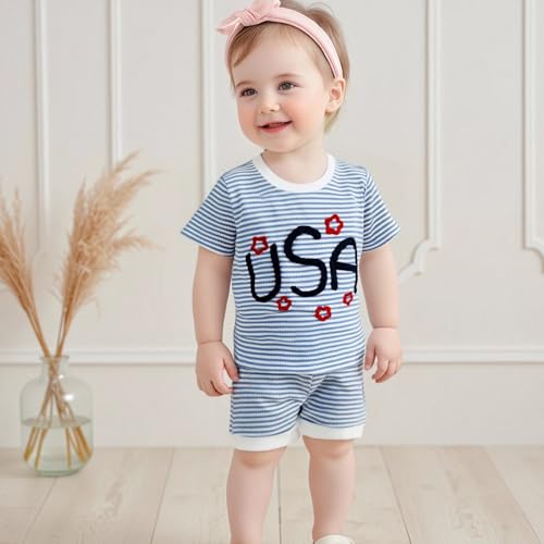 Baby Boy Girl Independence Day Outfit USA Embroidery Waffle Short Sleeve T-Shirt Shorts Set Toddler Summer Clothes (Blue, 12-18 Months)
