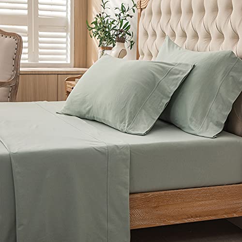 PURE ERA Jersey Knit 4pc Bed Sheet Set 100% T-Shirt Cotton Super Soft Comfy Breathable Fits Mattress Up to 20" Extra Deep Pocket (Solid Sage Green, Cal King)