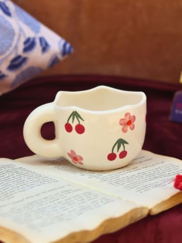 Image of WEAVING HOMES Daisy Bloom Mugs for Office, Stylish Tea Cups for Woman, Modern Coffee Mug for Travel (250 Ml) (1, WEAVING HOMES Cherry Fields Mug 220ml Mirowave & Dishwasher Safe)