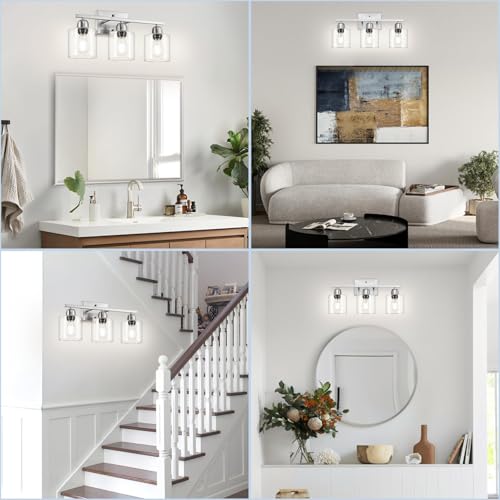 Image of Modern Brushed Nickel 3 Light Bathroom Light Fixtures,19 inch Vanity Lights For Bathroom With Clear Glass, Bathroom Lighting Fixtures Over Mirror For Mirror Kitchen Living Room Hallway Cabinet Porch
