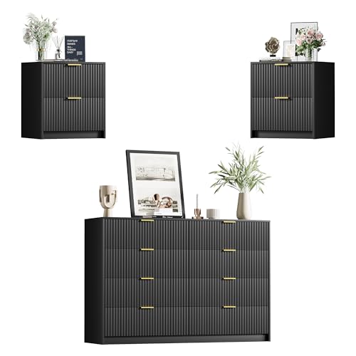 Image of 3 Piece Modern Bedroom Set, 8 Drawer Dresser with 2 Nightstands, Black