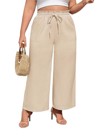 PASUDA Pantalones Mujer Verano de Lino Anchos Talla Grande Pantalones Cintura Alta Elástico Pantalón Largo Comodo Ligeros Pantalones Casuales Fluido Frescos con Bolsillos XL-4XL (Caqui Claro, 4XL)