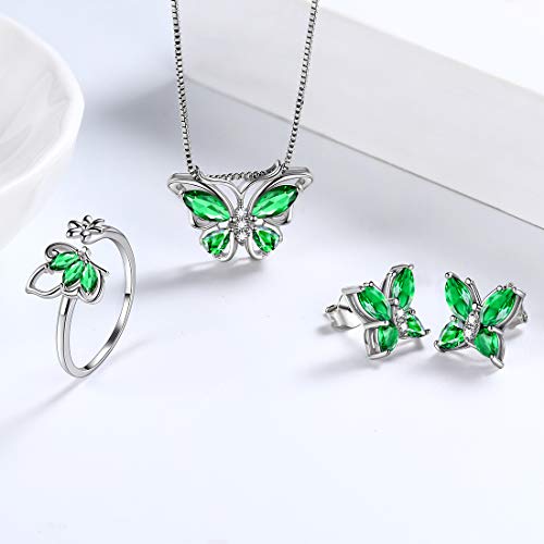 Aurora Tears Butterfly Jewelry Set,925 Sterling Silver Butterflies May-Emerald Birthstone Pendant Necklace/Earrings/Rings For Wedding Gif #TOP1
