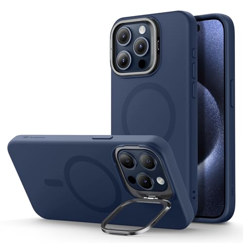 Image of ESR MagSafe Silicone Case with Built-in Stand for iPhone 15 Pro Max - Military-Grade Protection, Camera Stash, Magnetic Phone Case, Cloud Series, Dark Blue