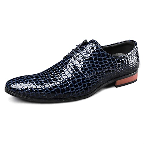 Dress Oxford Shoes for Men Lace Up Crocodile Embossed Derby Shoes Pointed Toe Vegan Leather Non Slip Low Top Anti-Slip Rubber Sole Wedding(Blue,10)