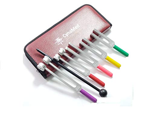 Cynamed Tuning Fork Set of 6 -Medical Diagnostic Tuning Fork Color Coded Non-Slip Grip -C128,C256,C512,C1024,C2048 with Silicone Mallet Hammer