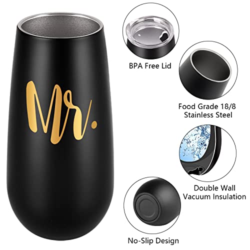 Lifecapido 2 Pack Mr And Mrs Stainless Steel Insulated Champagne Flute Tumbler, Engagement Wedding Gifts For Couples Newlyweds Bride Groom Wife His And Hers Anniversary Bridal Shower(6Oz, Black&White) #TOP2
