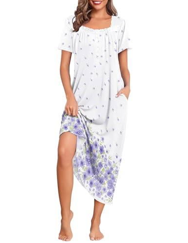 Image of Ekouaer Long Nightgowns for Women Short Sleeve House Dress with Pockets | Soft Vintage Victorian Sleepdress Moo Moo Nightgown Pleated Front Button Sleepwear Mumu Dress Loungwear Lace Nightdress