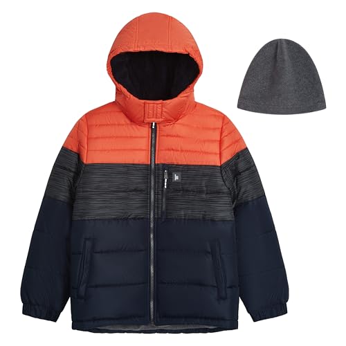 Image of LONDON FOG Boys' Heavyweight Hooded Puffer Jacket with Sherpa-Lined Hood & Fleece Beanie