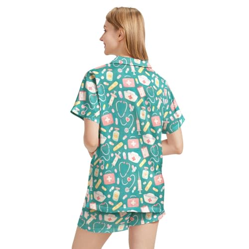 Image of Funny Pajamas for Women Set Print Satin Loungewear Pjs Short Sleeve Button Down Top and Shorts Sets Sleepwear XS-3XL