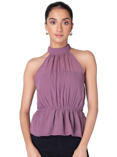 Image of FabAlley Women's Solid Regular Fit Purple Halter Neck Back Tie Up Peplum Blouse