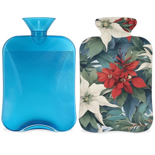 Hot Water Bottle with Soft Cover,2L Holly Berry Flowers Hot Water Bag for Hot and Cold Compress, Hand Feet Warmer, Modern Flowers Rubber Hot or Cold Water Bottle Halloween Christmas Decorations
