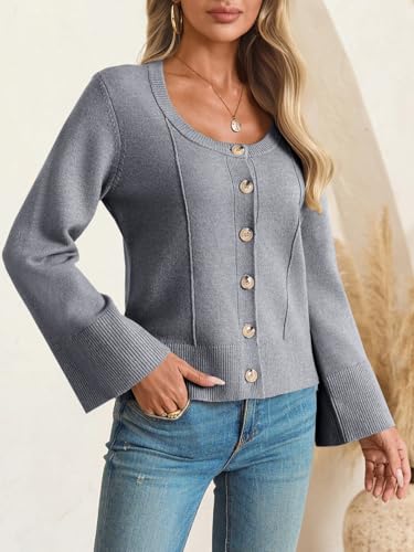 Image of Saodimallsu Womens Bell Sleeve Cardigan Sweaters Button Down Long Sleeve Fall Trendy Sweaters 2025 U Neck Knit Outwear