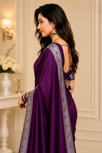 Image of Women's Glory Banarasi Satin Kanjivaram Saree Silver Zari Border Pure Soft Blend Silk Sari Kanchipuram Paithani Silk Party Wedding Festive New Ladies Sadi with Unstiched Blouse Piece.