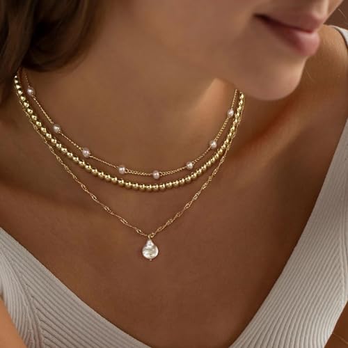 Gold Pearl Necklace，Layered Gold Choker Necklaces for Women Pearl Pendant Necklaces Stackable Stacked Stacking Layering Dainty Gold Necklace Pearl O Chain Necklace Simple Jewelry Gift4