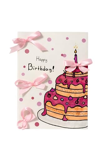 Happy Birthday Greeting Card with Handmade Ribbon Bows Cute Cake Illustration Foldable Birthday Card for Women Girls Friends Single Piece