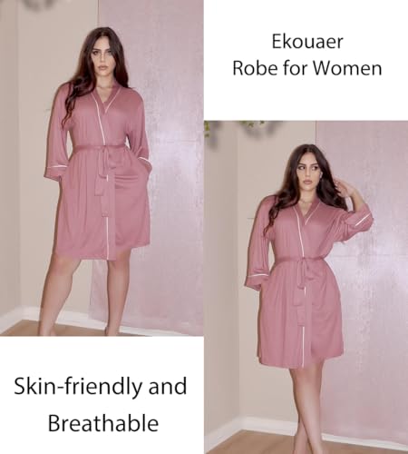 Image of Ekouaer Women Kimono Robes Knee Length Knit Bathrobe Lightweight Soft Sleepwear V-neck Casual Ladies Loungewear