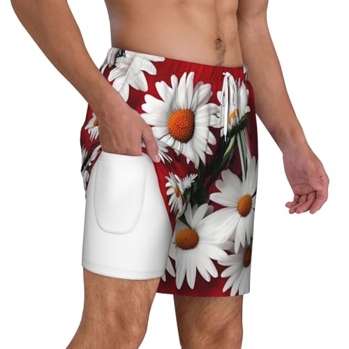Men's Red Flower and White Daisy Print Quick-Dry Mesh Swim Trunks Stretch Lining Beach Shorts Surfing Summer Vacations