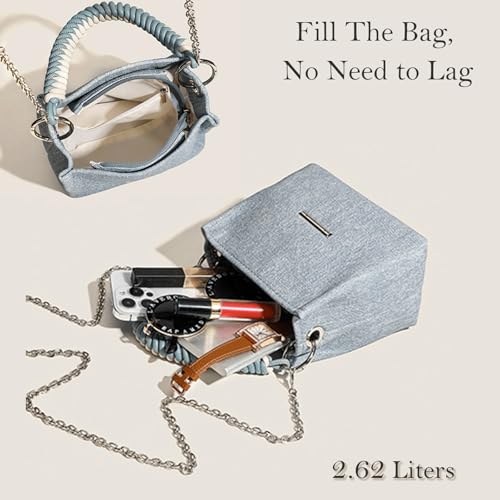 Denim Bucket Bag with Rope Handle Small Chain Strap Compact Cute Y2K Jean Vintage Retro Handbag3