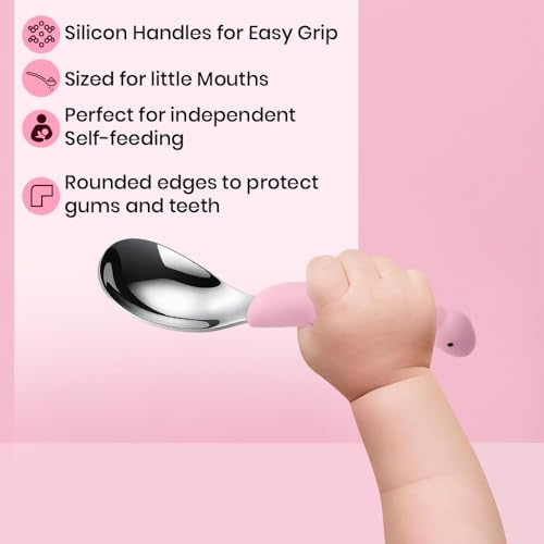 Image of Silicone Spoon for Baby, Pink Baby Feeding Spoon, Silicone Kids Spoon with Dinosaur Case, 1 Pc, Travel Friendly Mealtime Utensil, Daily Feeding Essential