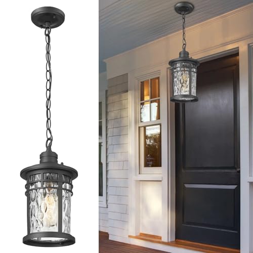 Image of Darkaway Outdoor Pendant Lights for Porch, Outdoor Chandelier Hanging Porch Lights Outside Ceiling Mount Aluminum with Water Ripple Glass for House Gazebo Patio